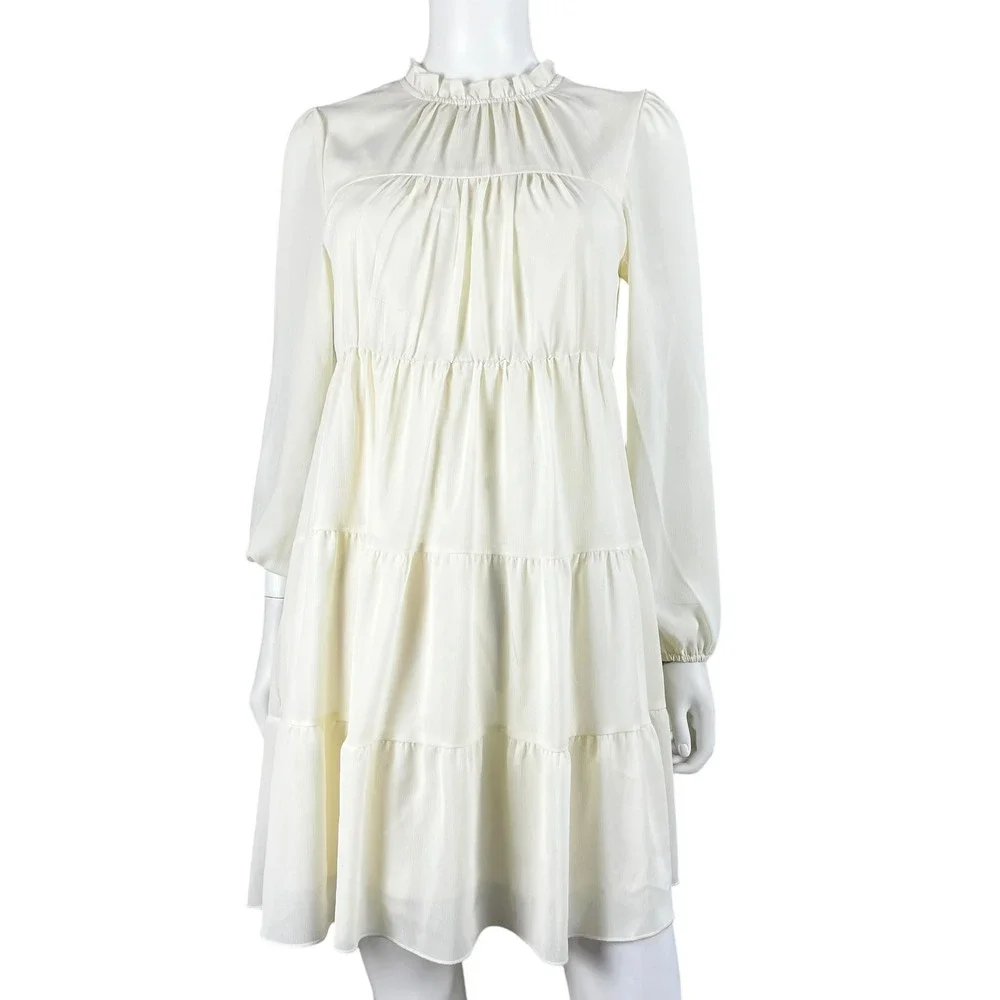 Kirundu Dress Womens Small Long Sleeve Ruffle Mock Neck‎ Tiered Mini Babydoll